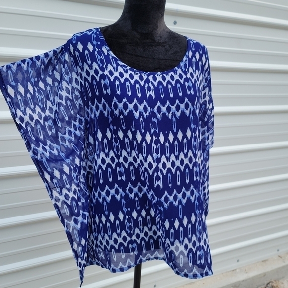 H&M SHEER Peasant BOHO Blouse Shirt Top 4 Small White Blue Kimono Sleeve Ruffle - Picture 5 of 10